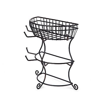 Gourmet Basics French Countryside Metal Mug Tree Holder with Storage Basket