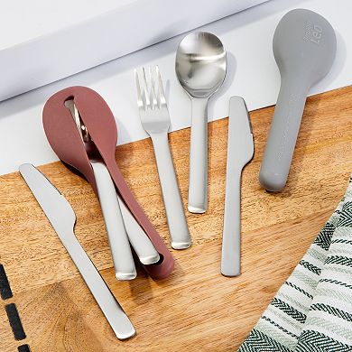BergHOFF Leo 4-Piece 18/10 Stainless Steel Travel Flatware & Pink Holder Set