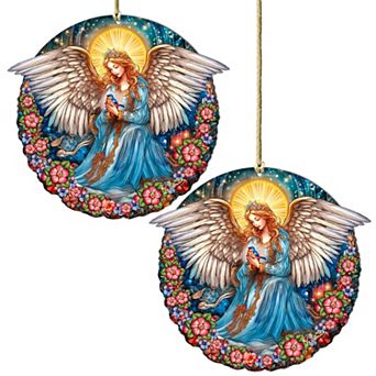 Set Of 2 - Guardian Angel Of Serenity Holiday Wooden Christmas Ornaments By G. Debrekht