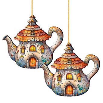 Set Of 2 - Teapot Wooden Christmas Ornaments By G. Debrekht