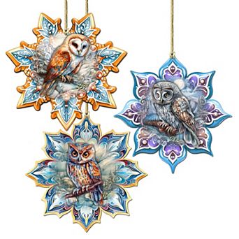 Owls Snowflake Wooden Christmas Ornaments Set Of 3 By G. Debrekht
