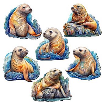 Sea Lions Decorative Wooden Magnets Set of 6 by G. Debrekht