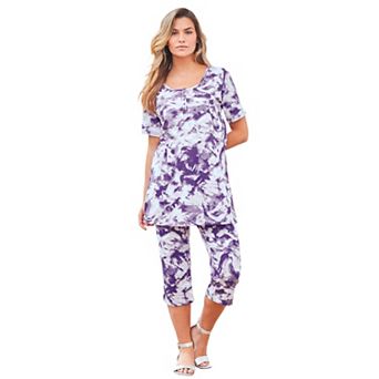 Roaman's Women's Plus Size Plus Size 2 pc Printed Henley Top And Capri Set