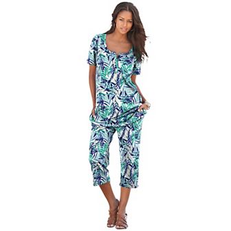 Roaman's Women's Plus Size Plus Size 2 pc Printed Henley Top And Capri Set