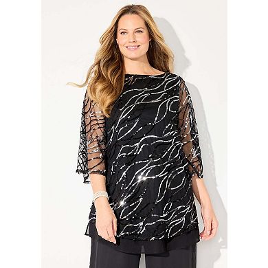 Catherines Women's Plus Size Petite Sequin Chiffon Duet Blouse