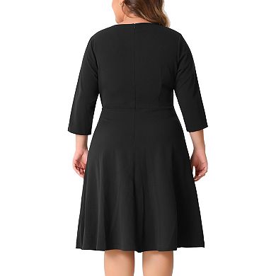 Plus Size Dress for Women Casual Wedding Guest Work Notched V Neck 3/4 Sleeve A-Line Dresses