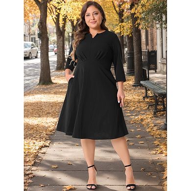 Plus Size Dress for Women Casual Wedding Guest Work Notched V Neck 3/4 Sleeve A-Line Dresses