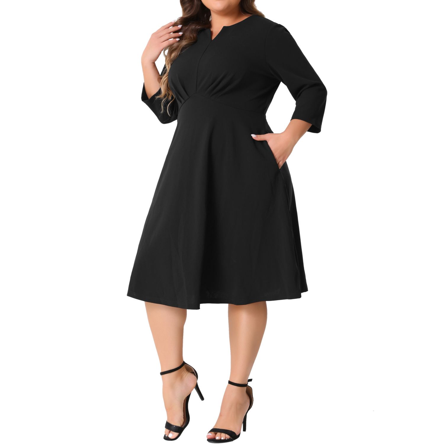 Женские платья Plus Size Dress for Women Casual Wedding Guest Work Notched V Neck 3/4 Sleeve A-Line Dresses