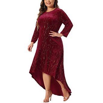 Plus Size Dresses for Women 3/4 Sleeves Mermaid High Low Hem Maxi Velvet Formal Dress