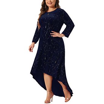 Plus Size Dresses for Women 3/4 Sleeves Mermaid High Low Hem Maxi Velvet Formal Dress