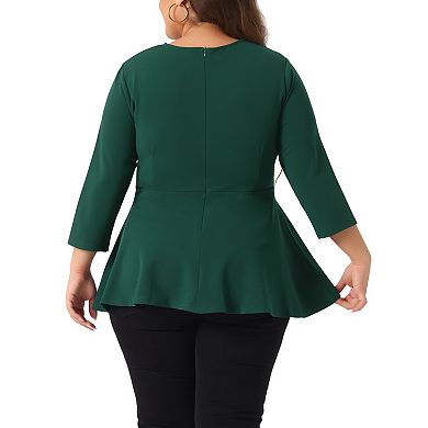 Plus Size Tops for Women Elegant Crew Neck Solid Color Workwear 3/4 Sleeve Peplum Top