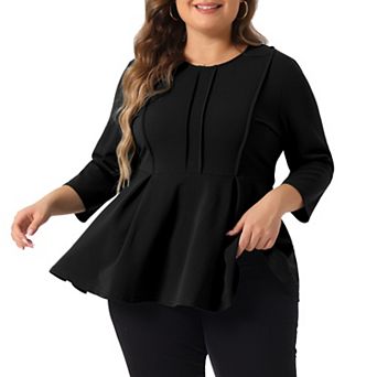 Plus Size Tops for Women Elegant Crew Neck Solid Color Workwear 3/4 Sleeve Peplum Top
