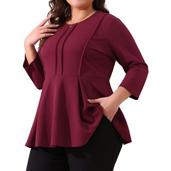 Plus Size Tops for Women Elegant Crew Neck Solid Color Workwear 3/4 Sleeve Peplum Top