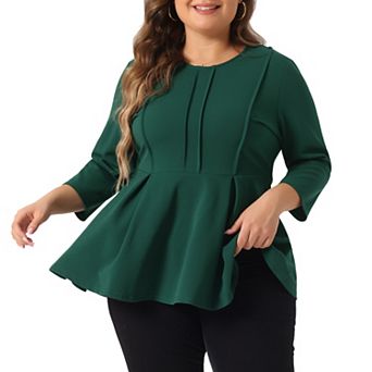 Plus Size Tops for Women Elegant Crew Neck Solid Color Workwear 3/4 Sleeve Peplum Top
