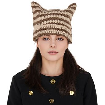 Vintage Crochet Hats Cute Cat Ear Striped Slouchy Beanies Cap for Women