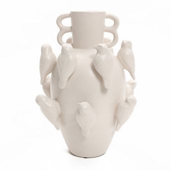 LuxenHome Classic White Ceramic Modern Birds 14.4-Inch Tall Vase