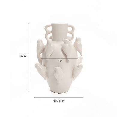LuxenHome Classic White Ceramic Modern Birds 14.4-Inch Tall Vase