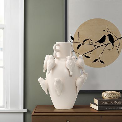 LuxenHome Classic White Ceramic Modern Birds 14.4-Inch Tall Vase