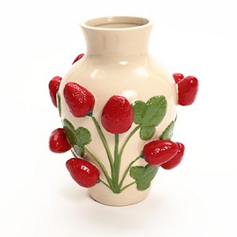 LuxenHome Ivory with Red Strawberries Ceramic 11-Inch Tall Vase