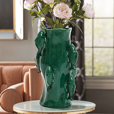 LuxenHome Marine Green Ceramic Fish 12.2-Inch Tall Vase