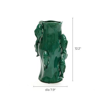 LuxenHome Marine Green Ceramic Fish 12.2-Inch Tall Vase