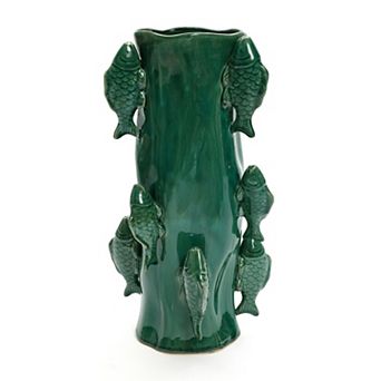 LuxenHome Marine Green Ceramic Fish 15.6-Inch Tall Vase