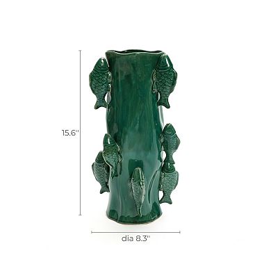 LuxenHome Marine Green Ceramic Fish 15.6-Inch Tall Vase