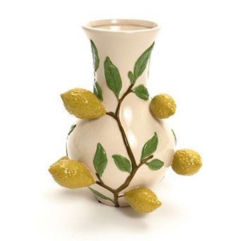 LuxenHome Ivory with Yellow Lemons Ceramic 13.8-Inch Tall Vase