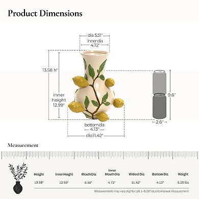 LuxenHome Ivory with Yellow Lemons Ceramic 13.8-Inch Tall Vase