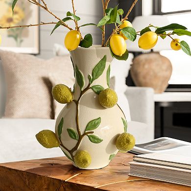 LuxenHome Ivory with Yellow Lemons Ceramic 13.8-Inch Tall Vase