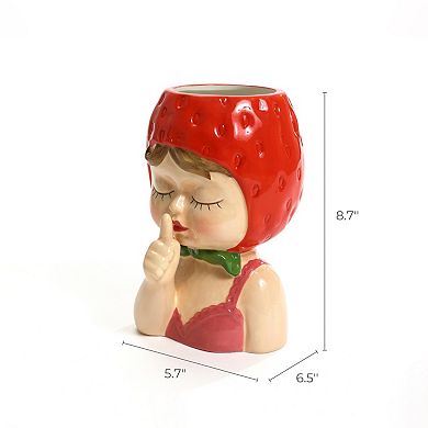 LuxenHome Lady Strawberries Ceramic 8.7-Inch Tall Sculpture Vase