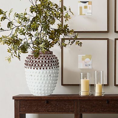 LuxenHome Vintage White and Brown Beaded 12-Inch Tall Urn Vase