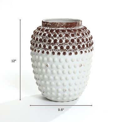 LuxenHome Vintage White and Brown Beaded 12-Inch Tall Urn Vase