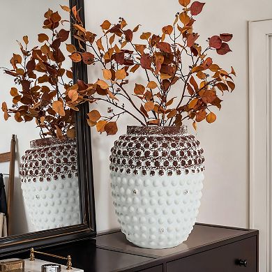 LuxenHome Vintage White and Brown Beaded 12-Inch Tall Urn Vase