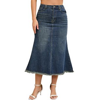 Women's Denim Skirts High Waisted A-Line Fishtail Long Jean Skirt