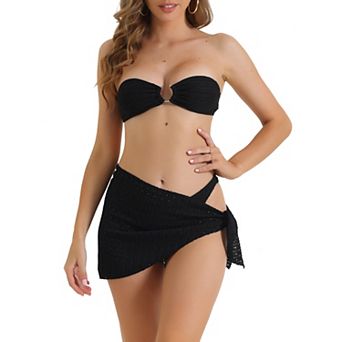 Women's O Ring Bandeau Ribbed Bikini Sets, 3 pc Triangle Bottoms with Cover Up Bottoms Swimwear