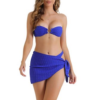 Women's O Ring Bandeau Ribbed Bikini Sets, 3 pc Triangle Bottoms with Cover Up Bottoms Swimwear
