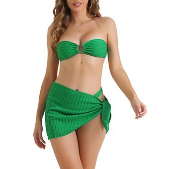 Women's O Ring Bandeau Ribbed Bikini Sets, 3 pc Triangle Bottoms with Cover Up Bottoms Swimwear