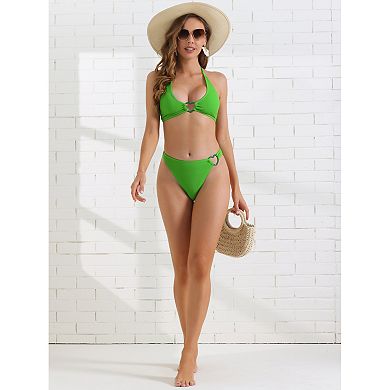 Women's Ribbed Textured Halter Bikini Set, 2 Pieces Cute Heart Ring Triangle Bottoms Swimwear