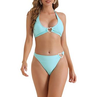 Women's Ribbed Textured Halter Bikini Set, 2 pc Cute Heart Ring Triangle Bottoms Swimwear