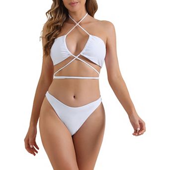 Women's Halter Bikini Sets, 2 pc Double Lace Up Tie Back Triangle Bottoms Swimwear Bathing Suits