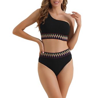 Women's Ribbed One Shoulder Bikini Sets, 2 pc High Waist Color Braided Trim Swimwear Suits