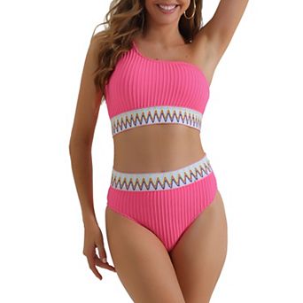 Women's Ribbed One Shoulder Bikini Sets, 2 pc High Waist Color Braided Trim Swimwear Suits