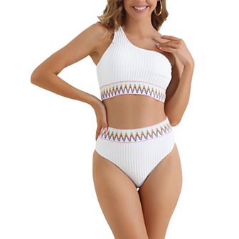 Women's Ribbed One Shoulder Bikini Sets, 2 pc High Waist Color Braided Trim Swimwear Suits