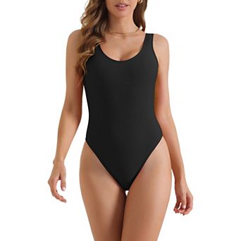 Women's Solid Scoop Neck Bikini, 1 pc Wide Strap Low Back Slimming Monokini Bathing Suit