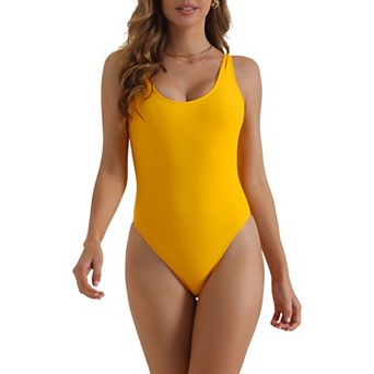 Women's Solid Scoop Neck Bikini, 1 pc Wide Strap Low Back Slimming Monokini Bathing Suit