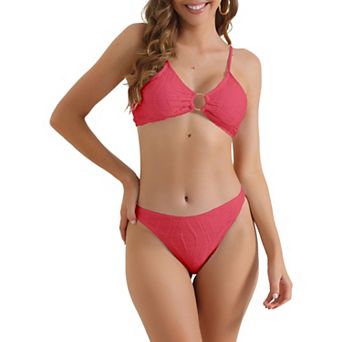 Women's O Ring Ribbed Bikini Sets, 2 pc High Waist Adjustable Spaghetti Straps Swimsuit Suits