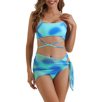 Women's Adjustable Straps Strappy Bikini Swimsuits, 3 pc Triangle Bottoms with Mesh Skirt Suit