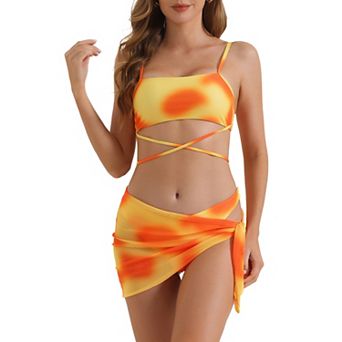 Women's Adjustable Straps Strappy Bikini Swimsuits, 3 pc Triangle Bottoms with Mesh Skirt Suit