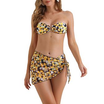 Women's Floral Print Bandeau Bikini Sets, 3 pc Tie Back Swimwear Triangle Bottoms Bathing Suits